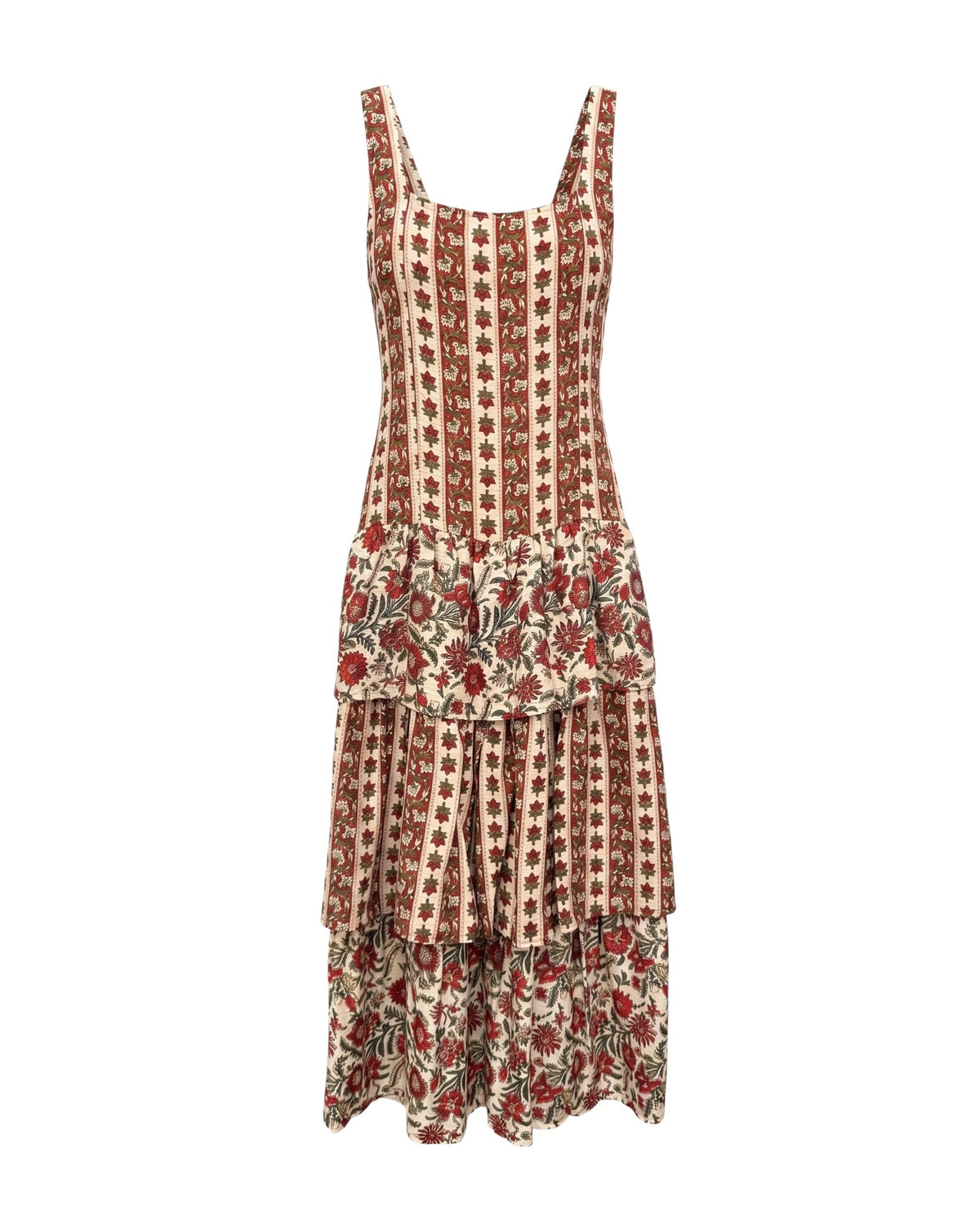 Vestido Granada midi con estampado floral y cuerpo de nido de abeja.