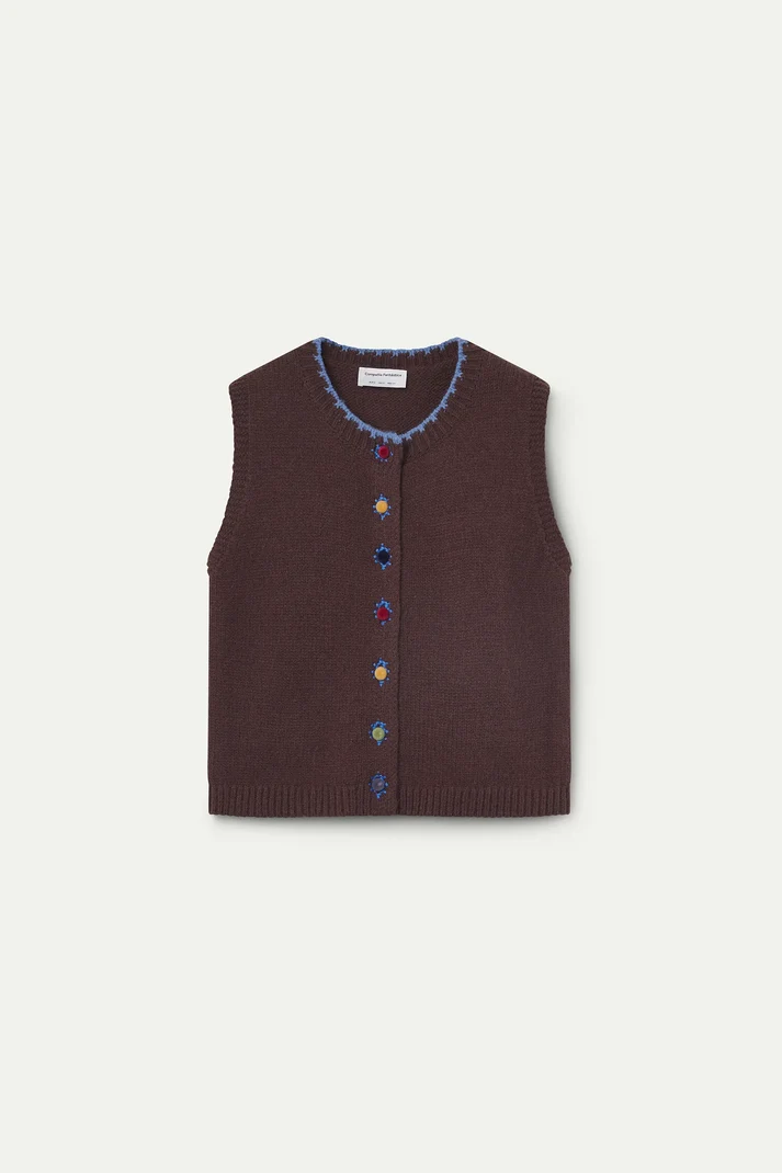 Chaleco punto marrón con botones terciopelo multicolor