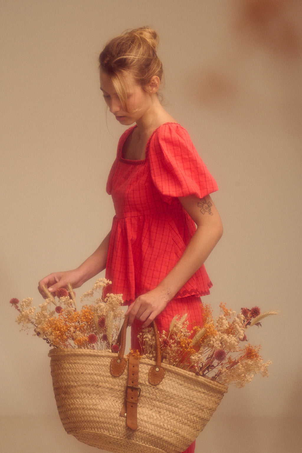     Blusa Natalia Maggie Sweet escote cuadrado manga globo peplum mujer Cotton Grey Asturias