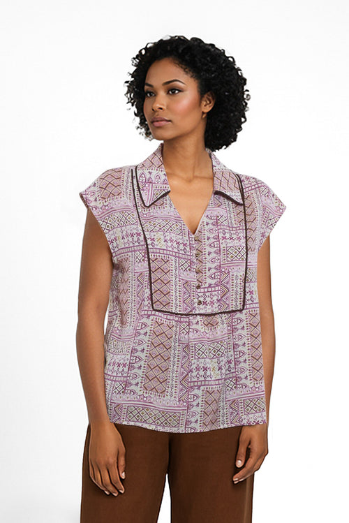 Blusa mujer estampado étnico con cuello camisero de goagoa en Cotton Grey vista frontal