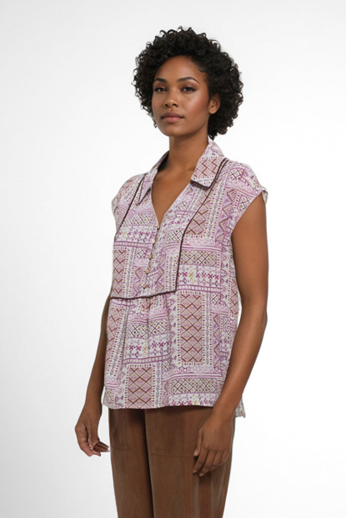 Blusa estampada geométrica mujer de Goa Goa en Cotton Grey vista lateral