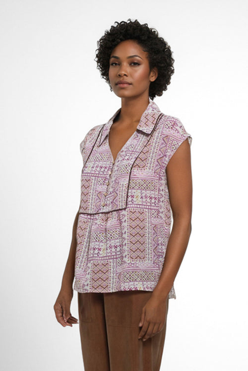 Blusa estampada geométrica mujer de Goa Goa en Cotton Grey vista lateral