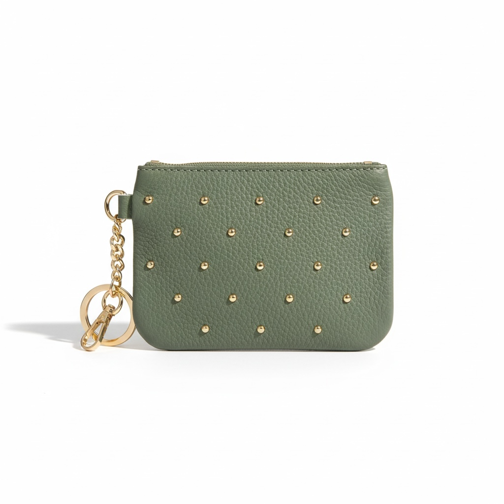 monedero piel natural con tachuelas en color verde kaki