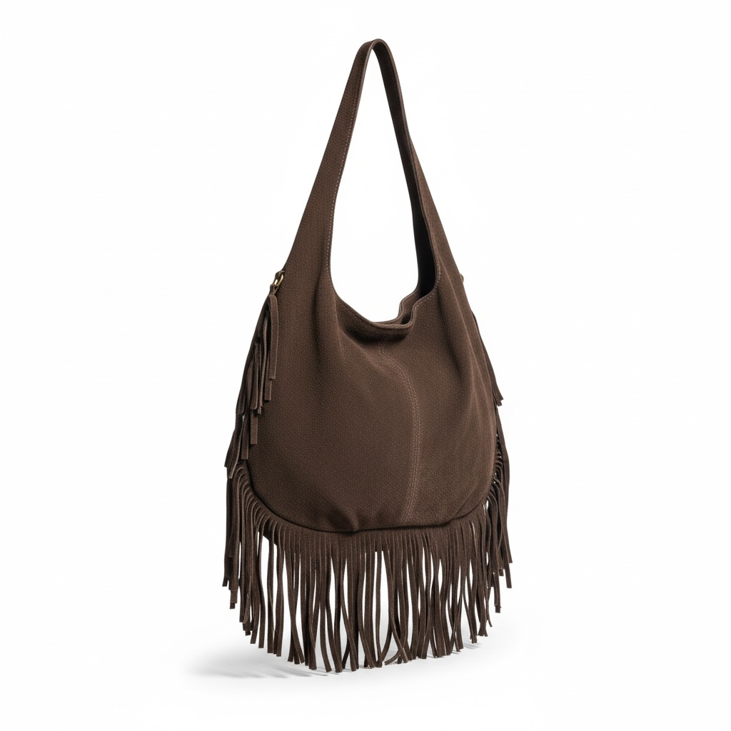 bolso boho marrón chocolate, bolso de serraje mujer, bolso flecos grande, bolso estilo nómada, bolso hombro bohemio, bolso ante marrón.