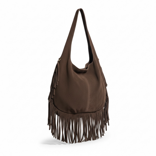 bolso boho marrón chocolate, bolso de serraje mujer, bolso flecos grande, bolso estilo nómada, bolso hombro bohemio, bolso ante marrón.
