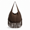 bolso boho marrón chocolate, bolso de serraje mujer, bolso flecos grande, bolso estilo nómada, bolso hombro bohemio, bolso ante marrón.