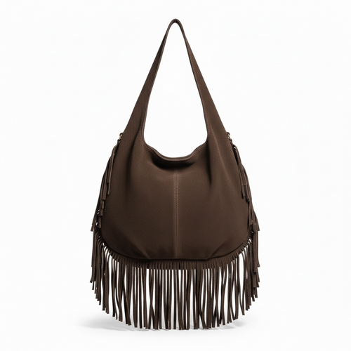 bolso boho marrón chocolate, bolso de serraje mujer, bolso flecos grande, bolso estilo nómada, bolso hombro bohemio, bolso ante marrón.
