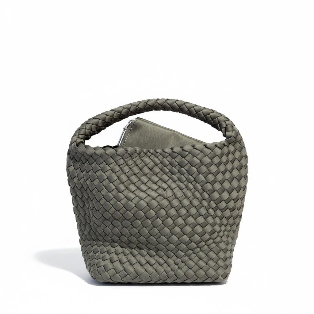 bolso origami mini mujer, bolso neopreno verde kaki, bolso pequeño elegante, bolso con neceser interior, bolso cierre imán mujer.