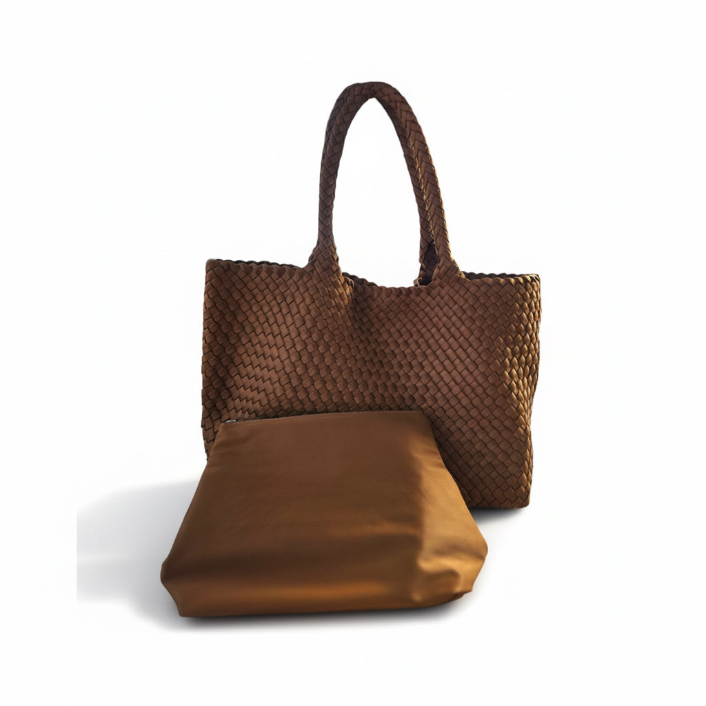 detalle tejido trenzado bolso shopper neopreno alta calidad mujer con neceser grande