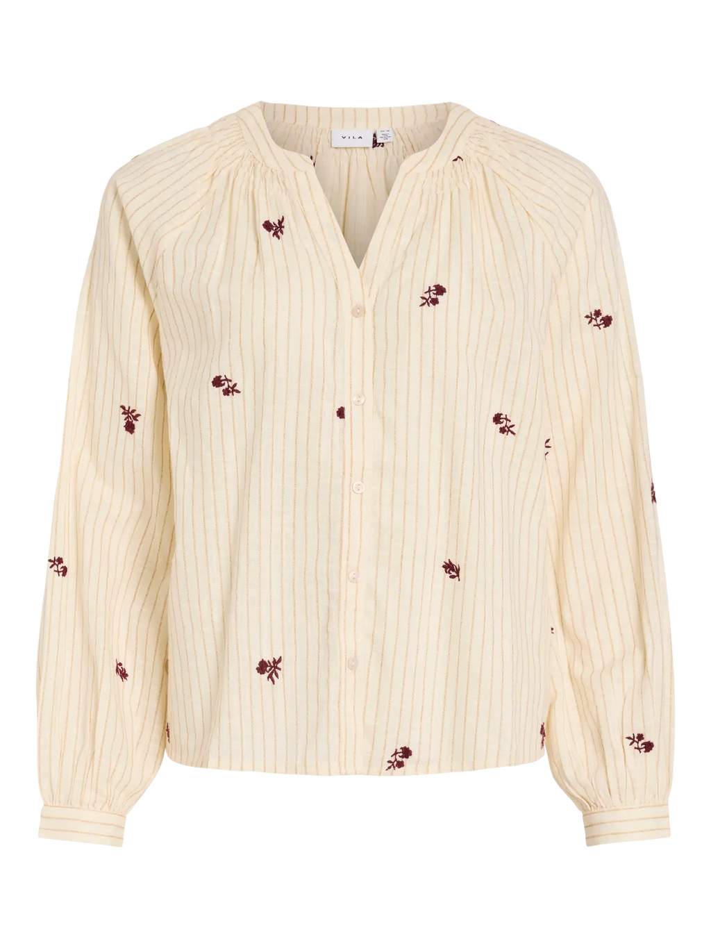 camisa beige mujer, rayas finas mujer
camisa con bordado floral,  romántica manga larga, detalle cuello ma y escote pico Vila en cotton grey