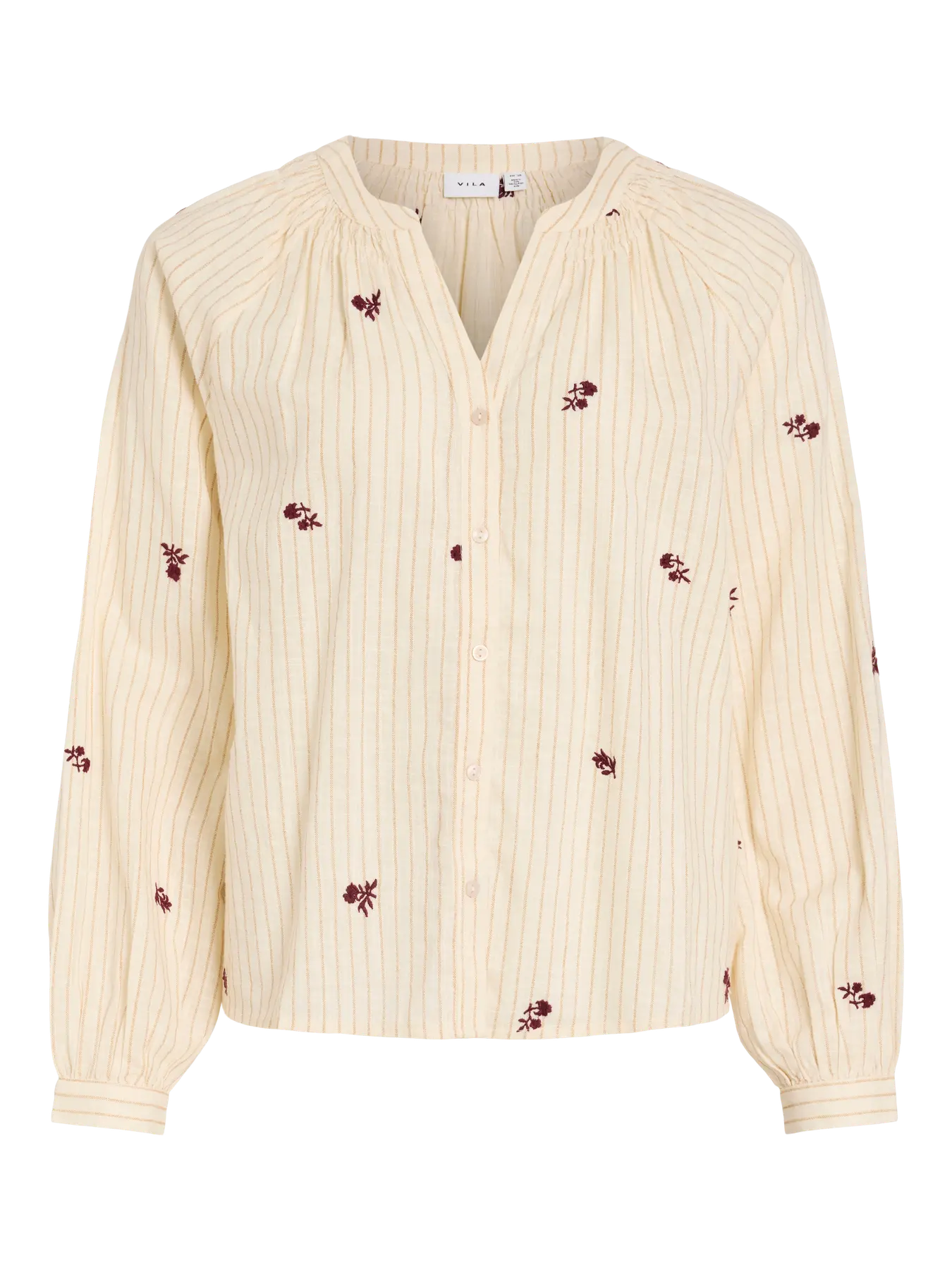 camisa beige mujer, rayas finas mujer
camisa con bordado floral,  romántica manga larga, detalle cuello ma y escote pico Vila en cotton grey