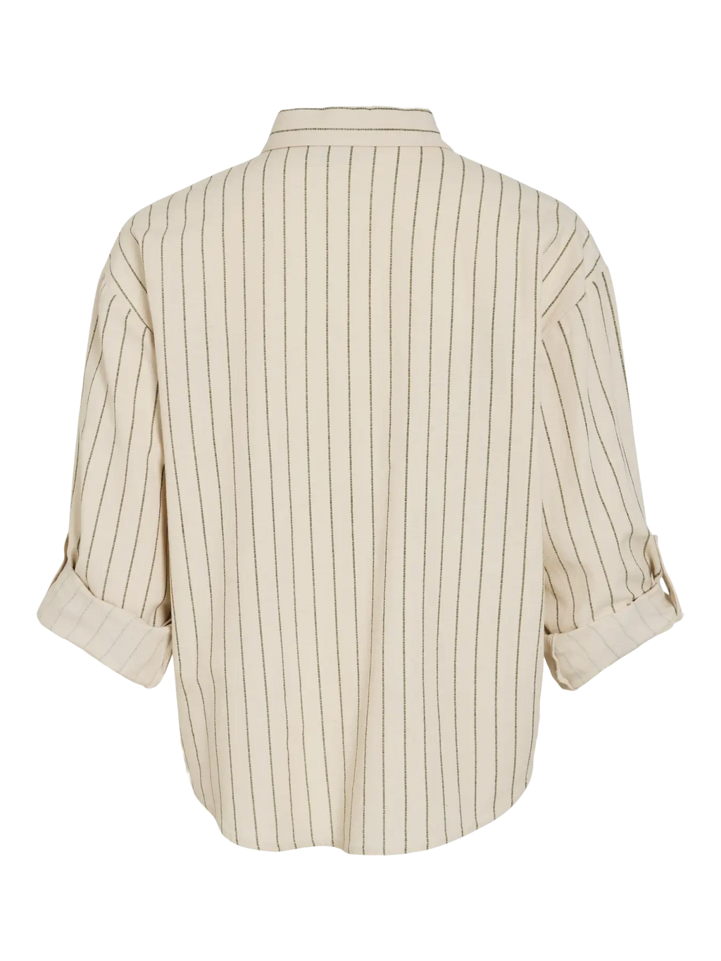 Camisa beige de rayas negras mangas remangadas Vila nueva colección Cotton Grey Vista trasera