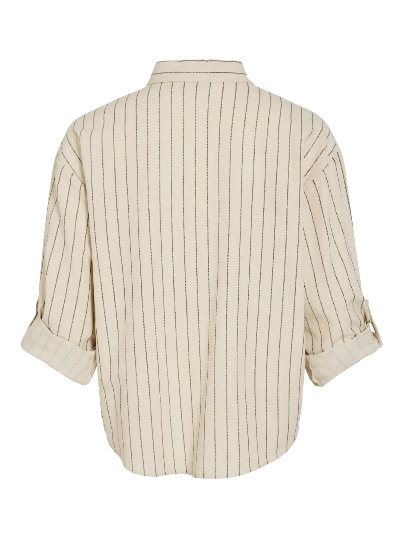 Camisa beige de rayas negras mangas remangadas Vila nueva colección Cotton Grey Vista trasera