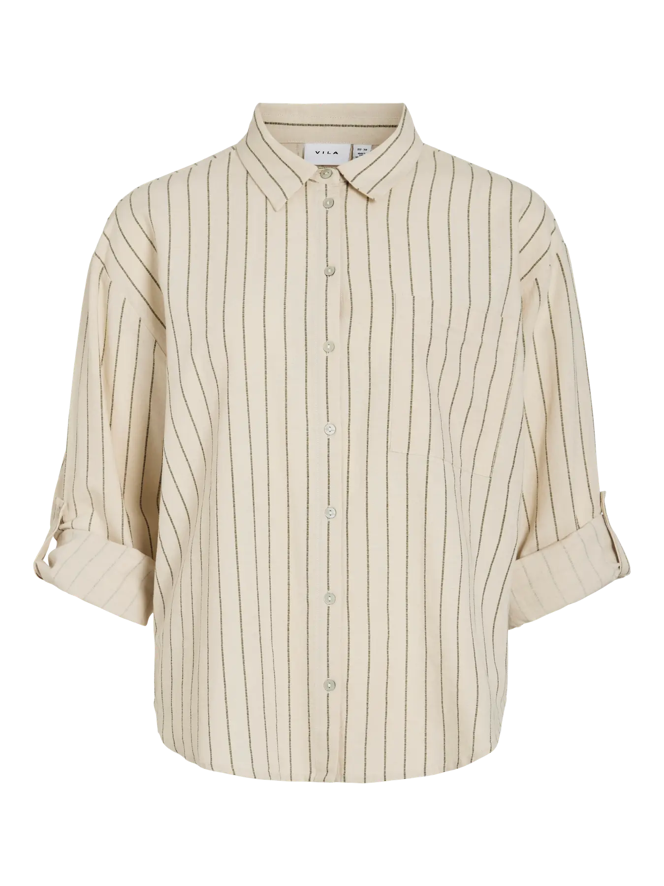 Camisa beige de rayas negras mangas remangadas Vila nueva colección Cotton Grey
