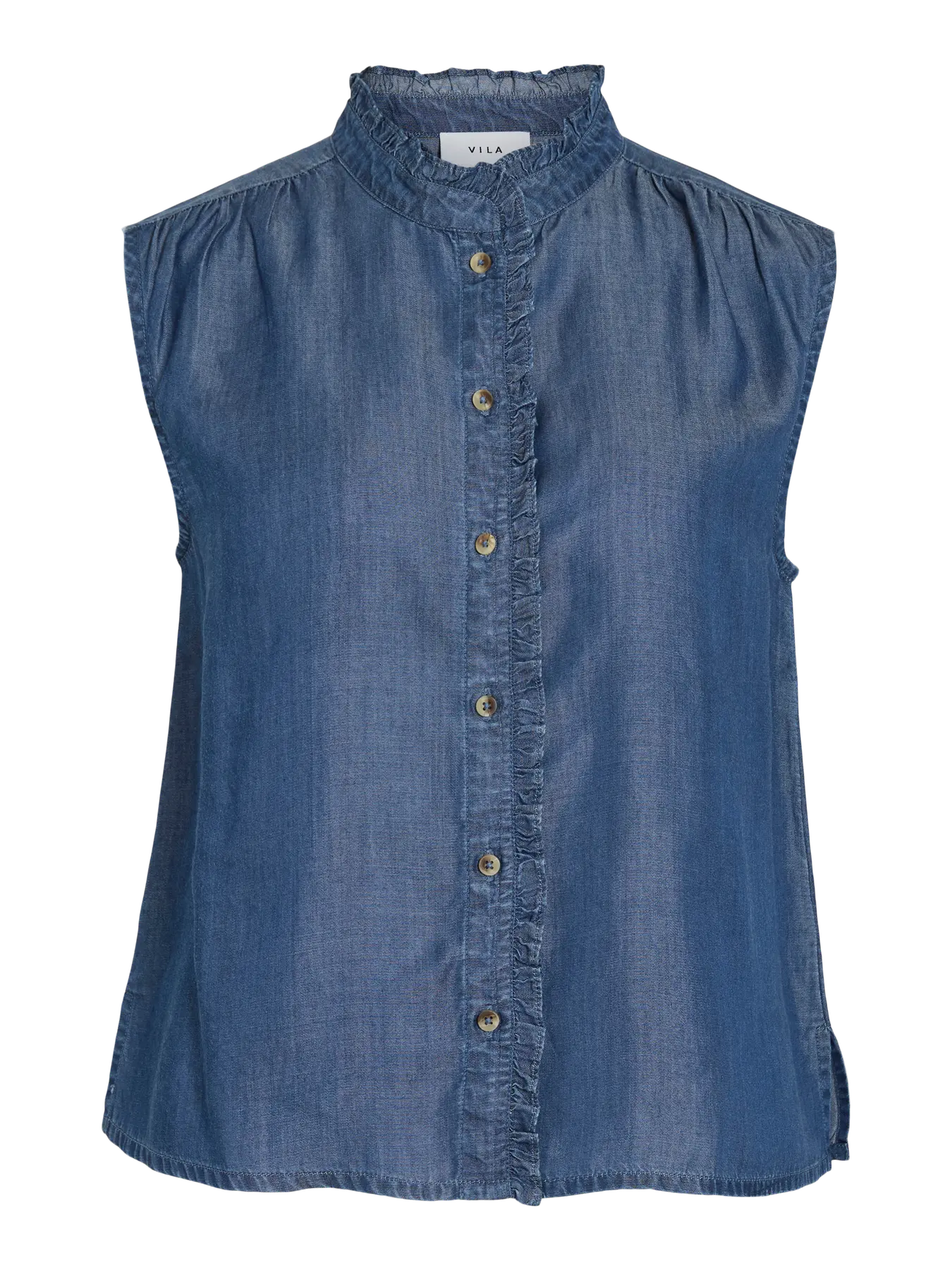 camisa denim sin mangas cuello volante vila nueva coleccion