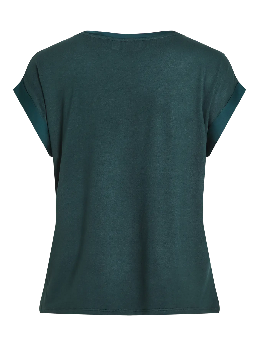 Camiseta de mujer marca Vila con diseño minimalista y elegante que combina tejido satinado en la parte delantera con punto suave en la espalda