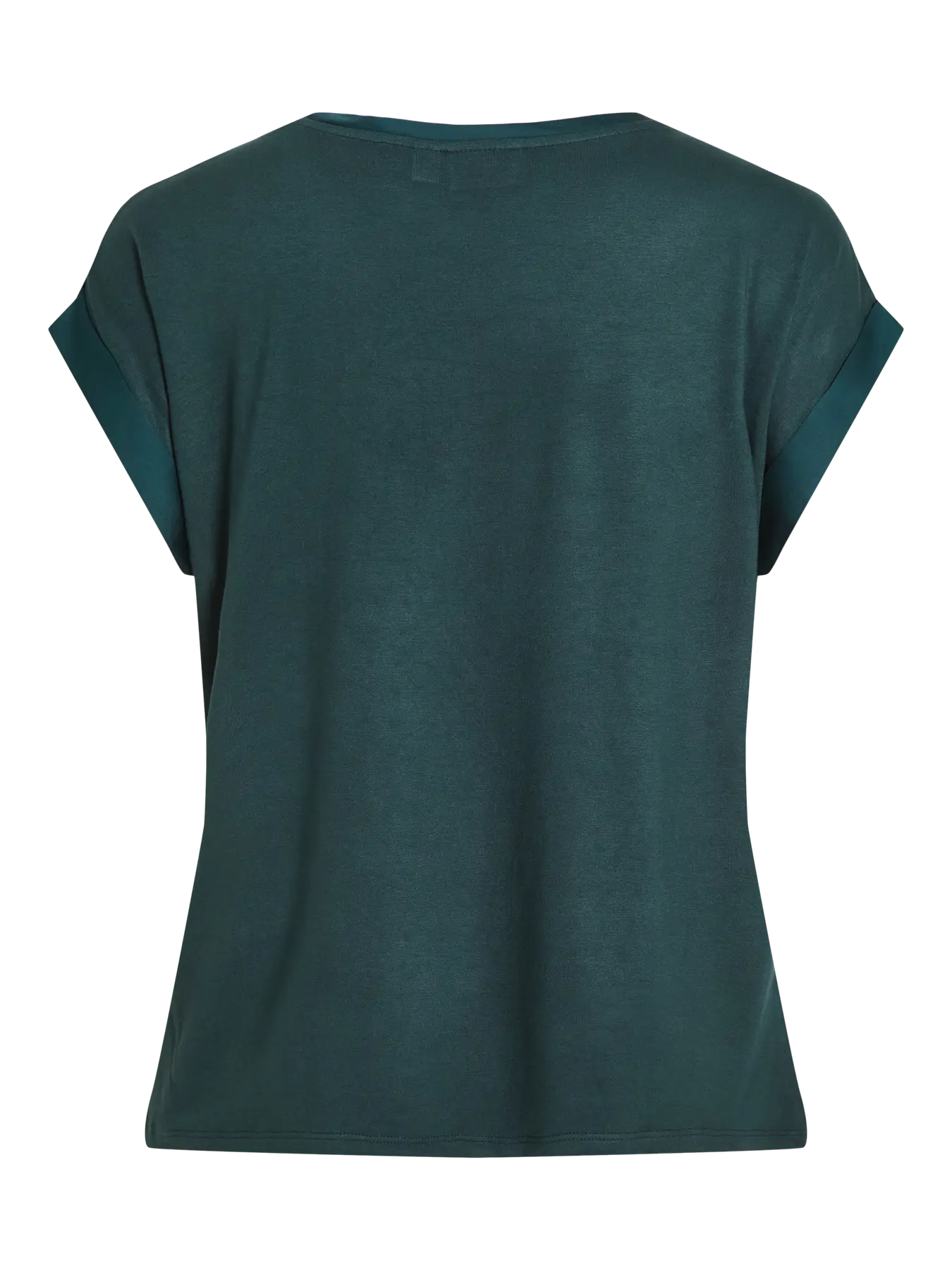 Camiseta de mujer marca Vila con diseño minimalista y elegante que combina tejido satinado en la parte delantera con punto suave en la espalda