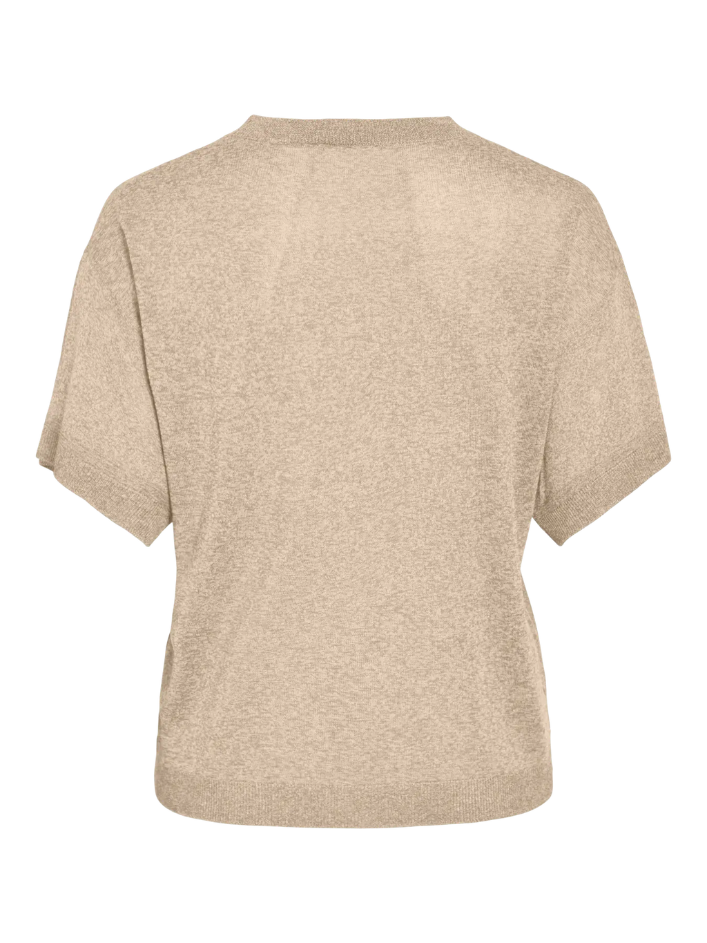 Espalda camiseta Vila beige de punto fino manga corta con brillo suave cuello redondo Vila nueva coleccion en cotton grey