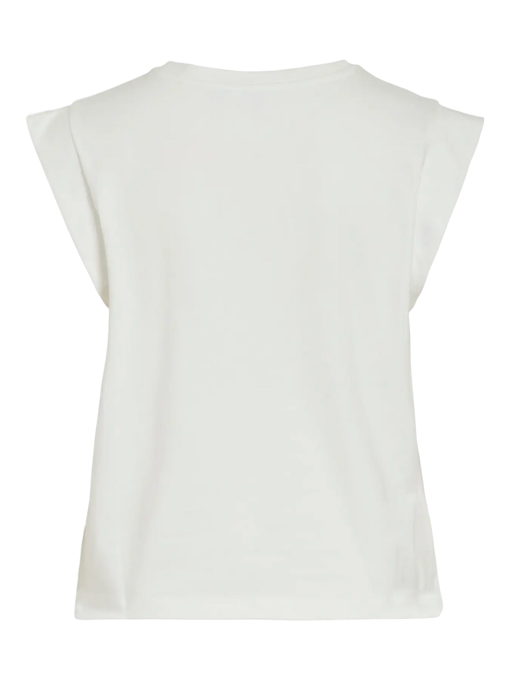 Parte trasera de camiseta blanca Vila sin mangas con caída recta y hombros estructurados. Diseño liso sin estampados. Castrillon, Cotton grey