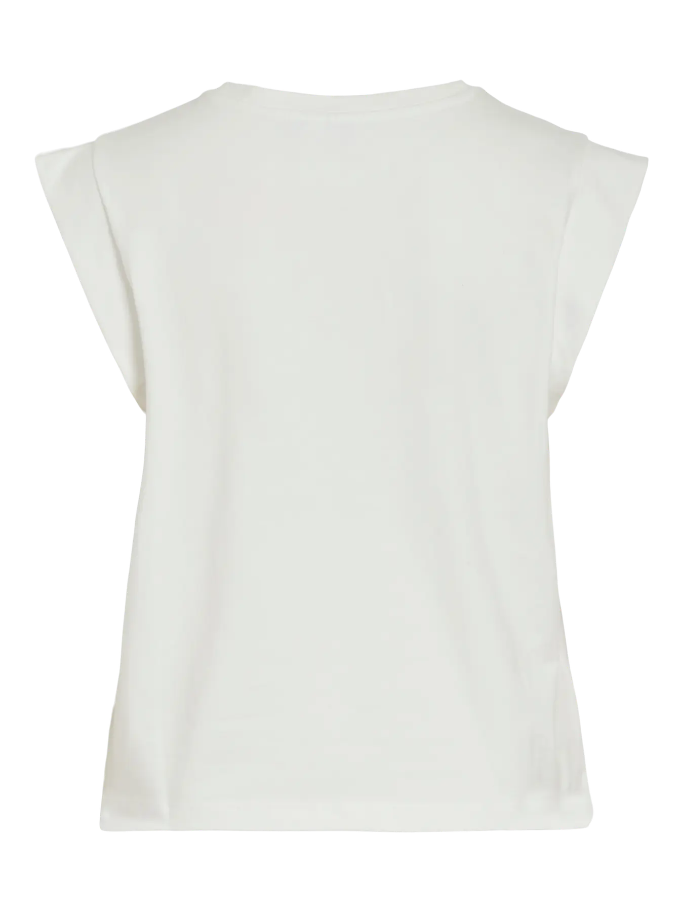 Parte trasera de camiseta blanca Vila sin mangas con caída recta y hombros estructurados. Diseño liso sin estampados. Castrillon, Cotton grey