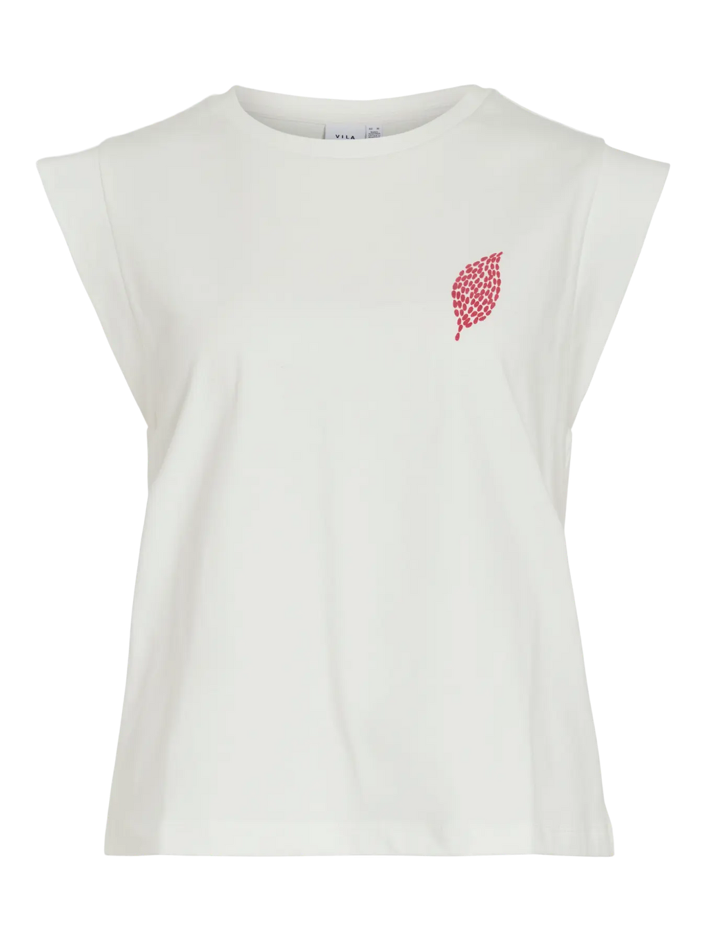 Camiseta blanca sin mangas Vila con hombreras marcadas y pequeño detalle de hoja rosa en el pecho. Corte recto y diseño minimalista. Piedras Blancas
