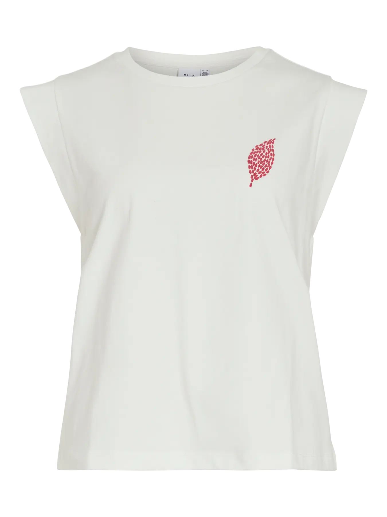 Camiseta blanca sin mangas Vila con hombreras marcadas y pequeño detalle de hoja rosa en el pecho. Corte recto y diseño minimalista. Piedras Blancas