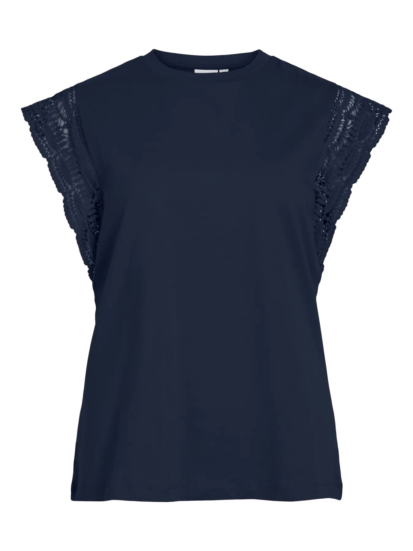 camiseta vila azul marino algodón orgánico manga encaje
camiseta azul marino mujer vila detalle calado manga
