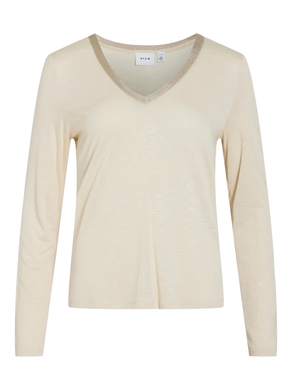 Camiseta basicabeige con cuello pico detalle dorado elegante con manga larga en cotton grey piedras blancas
