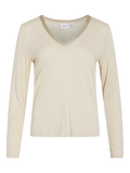 Camiseta basicabeige con cuello pico detalle dorado elegante con manga larga en cotton grey piedras blancas