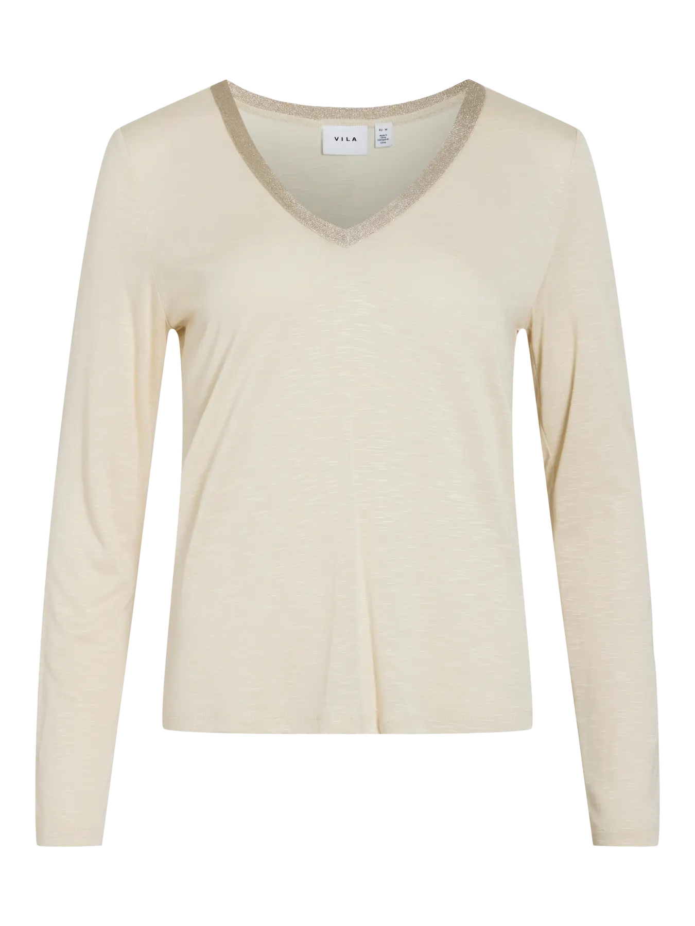 Camiseta basicabeige con cuello pico detalle dorado elegante con manga larga en cotton grey piedras blancas