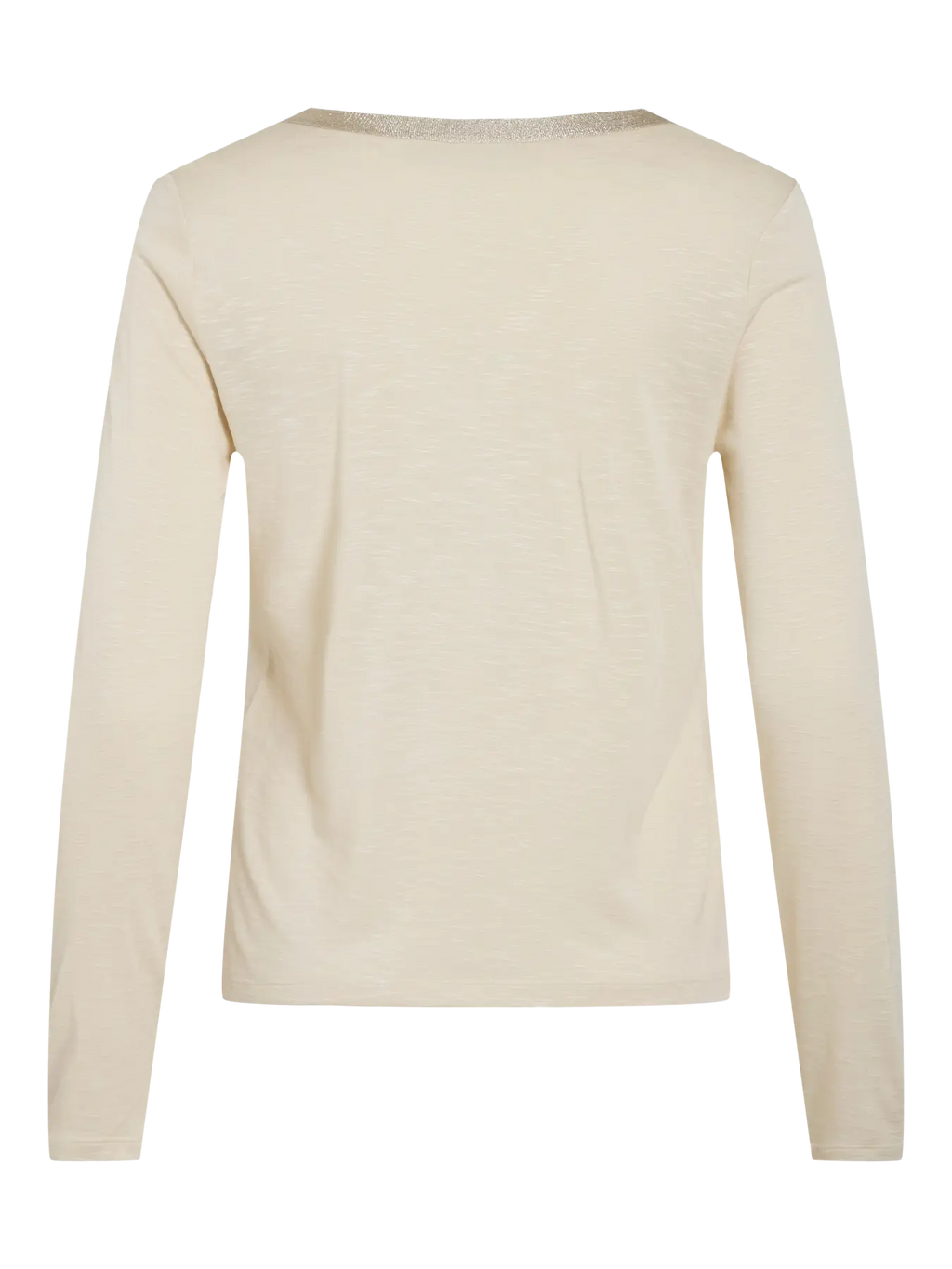 Camiseta basica beige espalda con cuello pico detalle dorado elegante con manga larga en cotton grey piedras blancas
