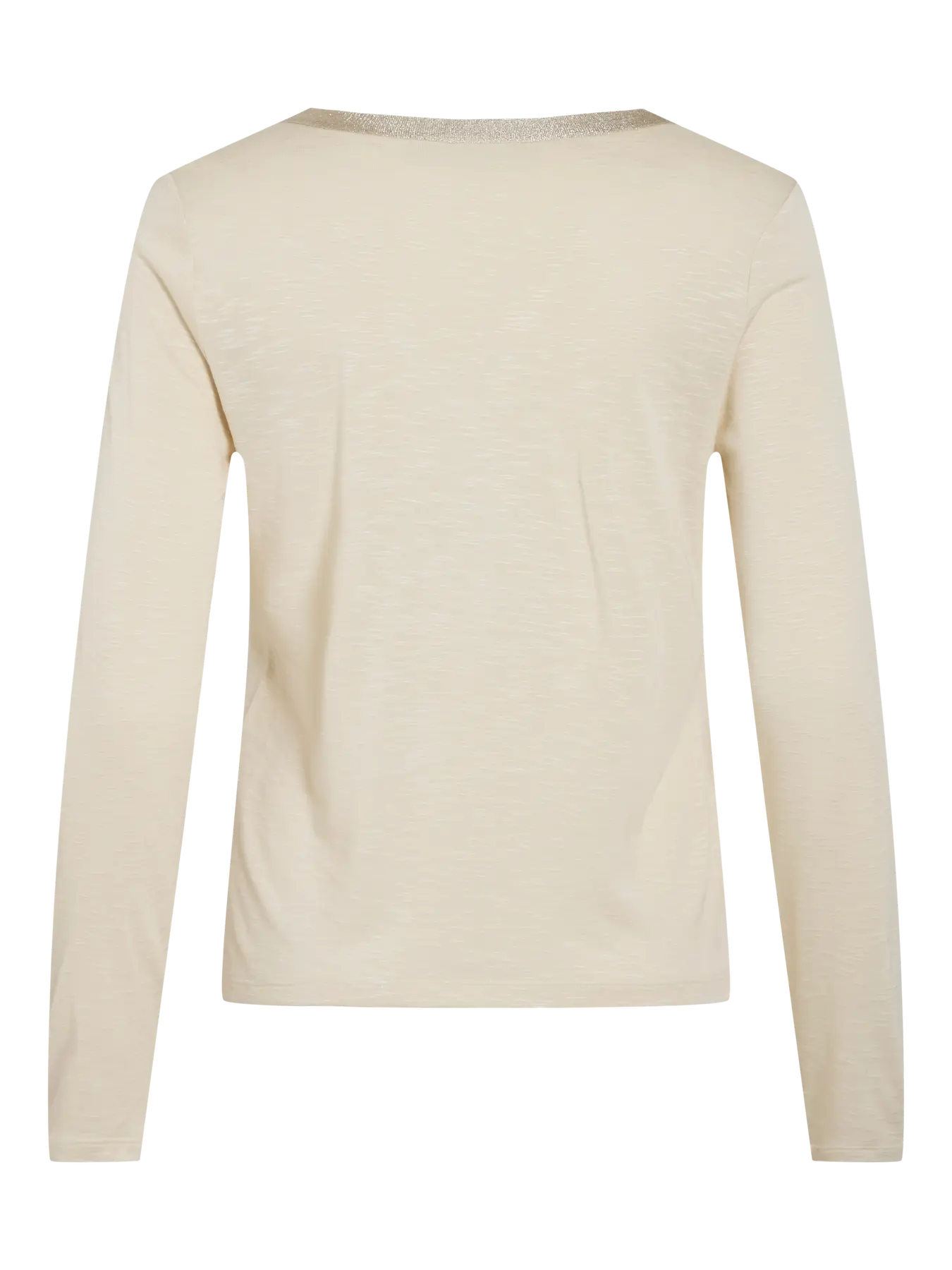 Camiseta basica beige espalda con cuello pico detalle dorado elegante con manga larga en cotton grey piedras blancas