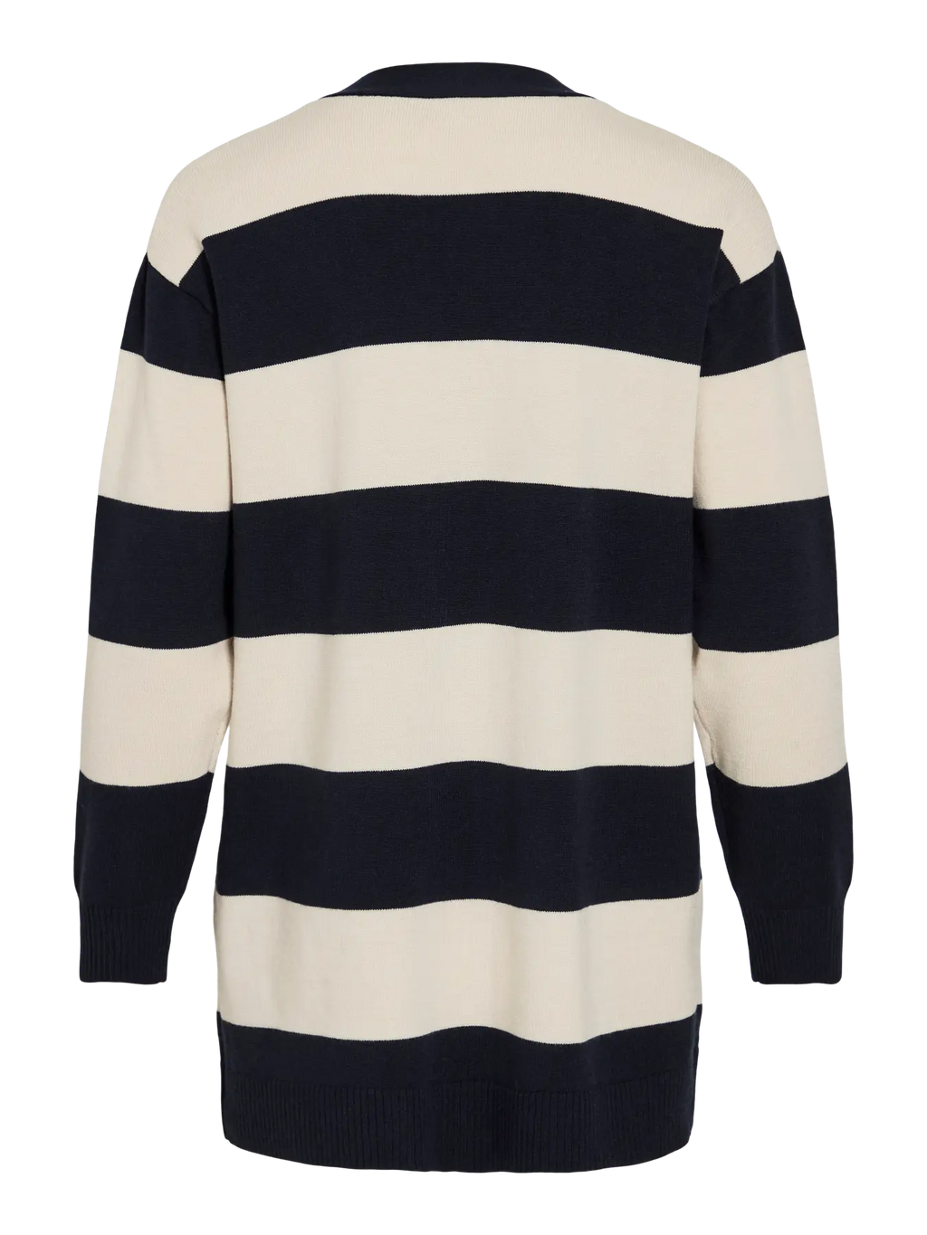 Chaqueta de punto estilo cárdigan Vista trasera  raya beige y azul marino vila nueva coleccion en cotton grey
