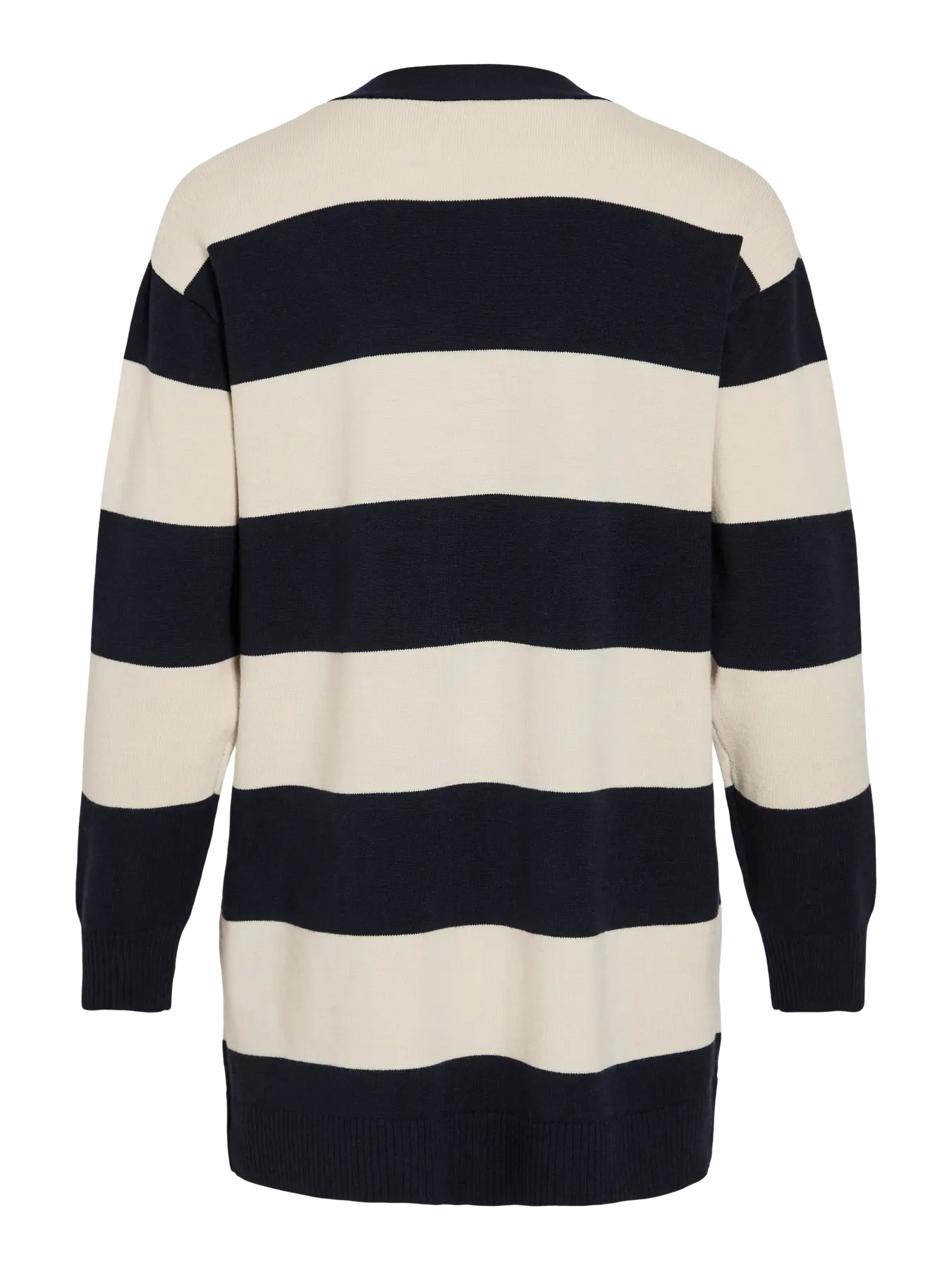 Chaqueta de punto estilo cárdigan Vista trasera  raya beige y azul marino vila nueva coleccion en cotton grey