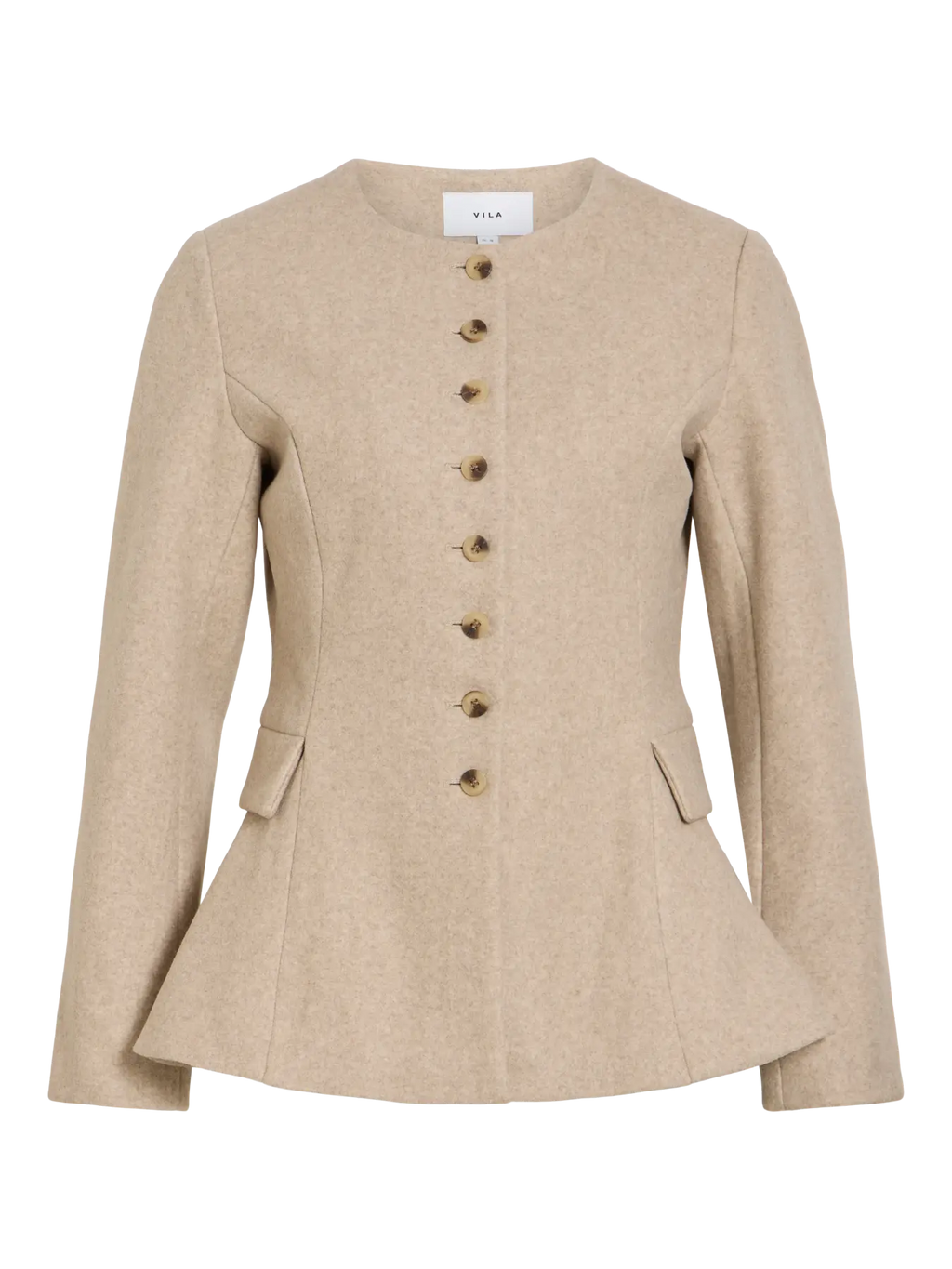 Chaqueta de paño Zikka beige de VILA detalle frontal abotonadura efecto peplum y botones tapete laterales sin cuello
