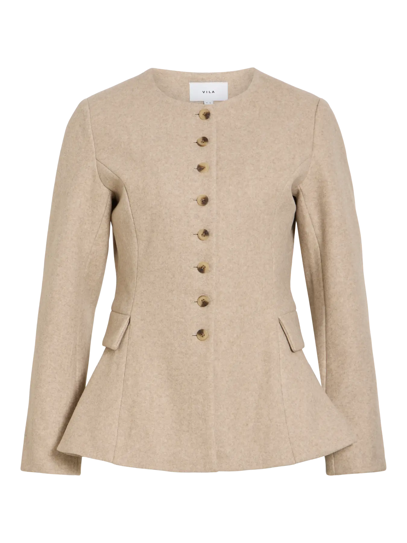 Chaqueta de paño Zikka beige de VILA detalle frontal abotonadura efecto peplum y botones tapete laterales sin cuello