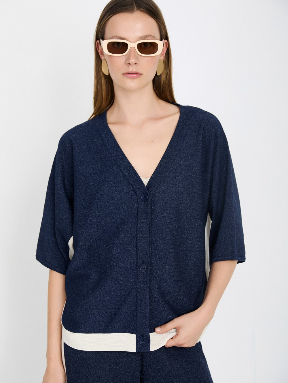 Chaqueta de cuello pico con detalles metalizados y manga caída skatie