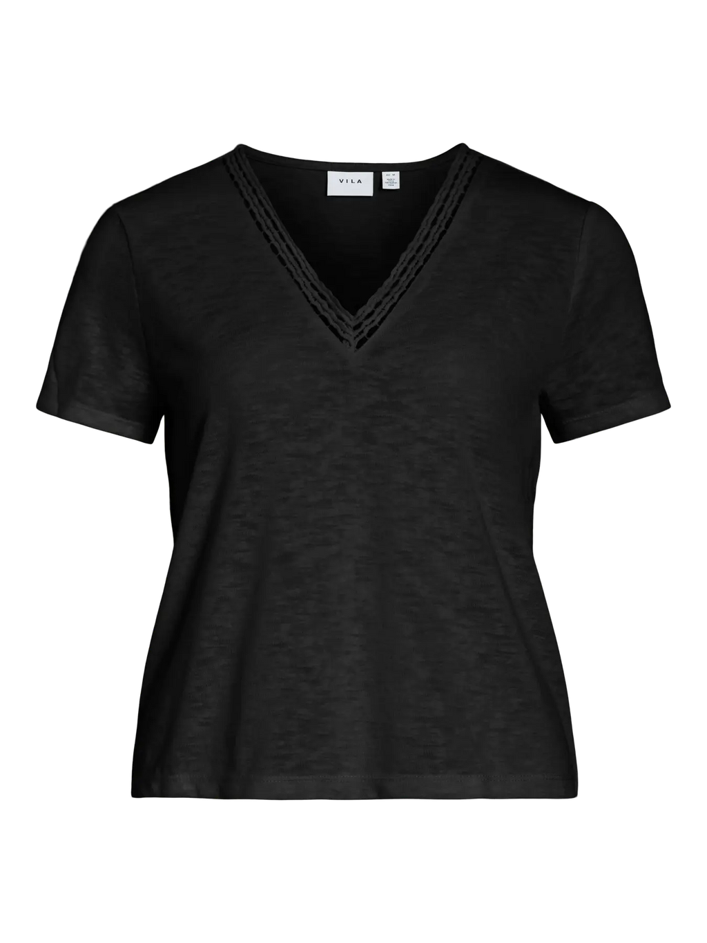 detalle delantero camiseta Vila negra manga corta cuello pico encaje Cotton Grey Piedras Blancas Asturias