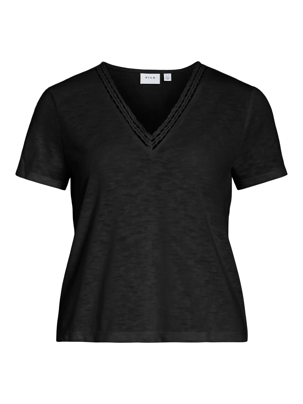 detalle delantero camiseta Vila negra manga corta cuello pico encaje Cotton Grey Piedras Blancas Asturias