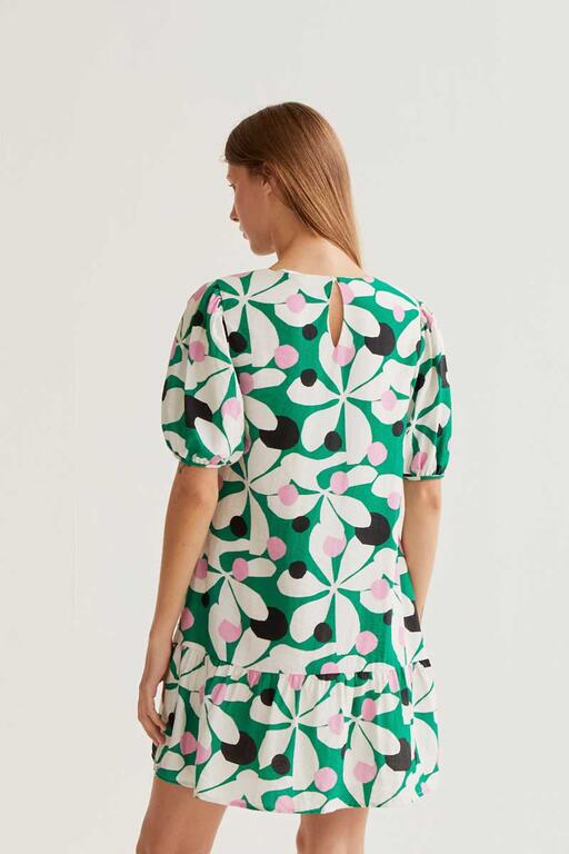 Vista trasera de Vestido Corto Magnolia estampado verde de Compañía Fantástica en Cotton Grey