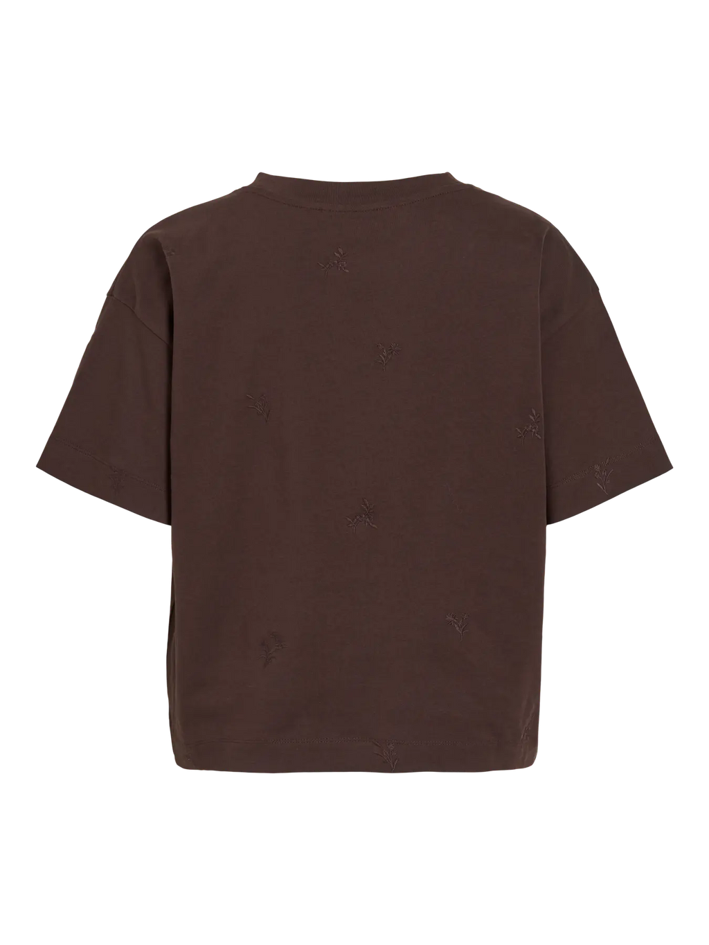 camiseta marrón vila flores bordadas en el mismo tono espalda cotton grey piedras blancas