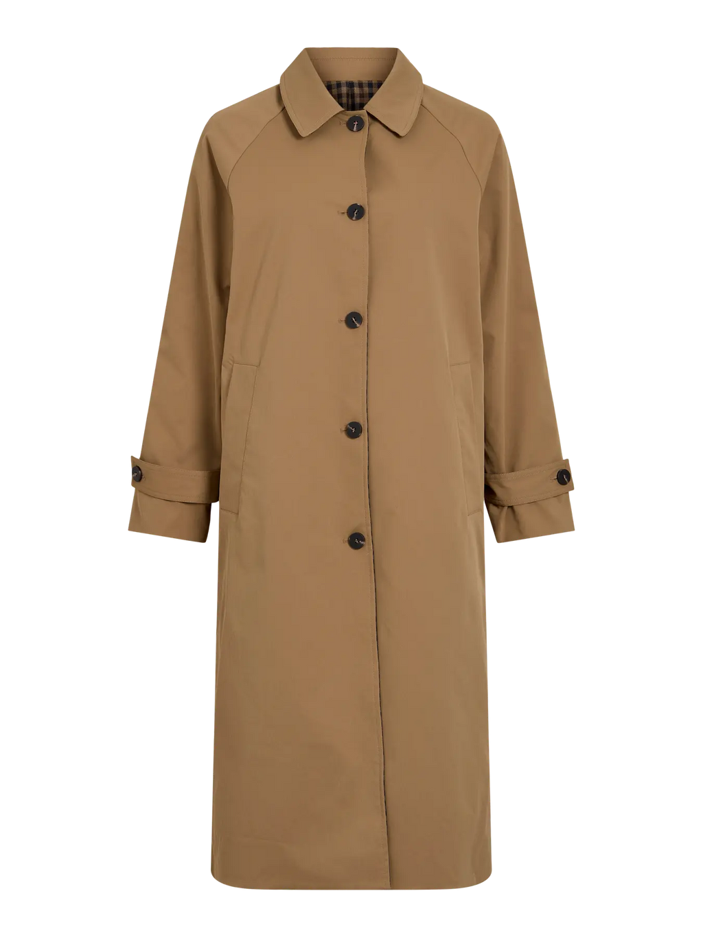 Trenh gabardina larga camel de vila con botones vistos marrones y trabilla en mangas cuello simple