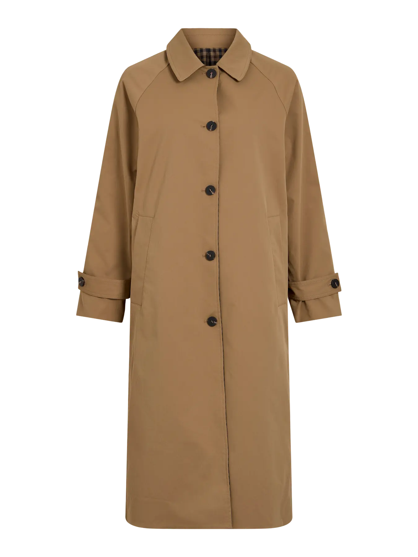 Trenh gabardina larga camel de vila con botones vistos marrones y trabilla en mangas cuello simple