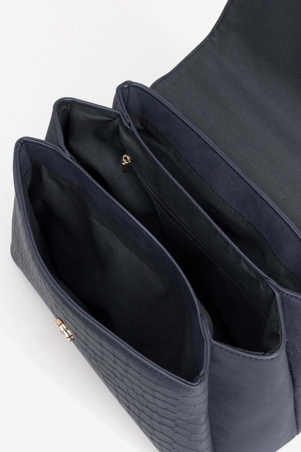 interior compartimentado bolso azul petroleo efecto cocodrilo vilanova en cotton grey