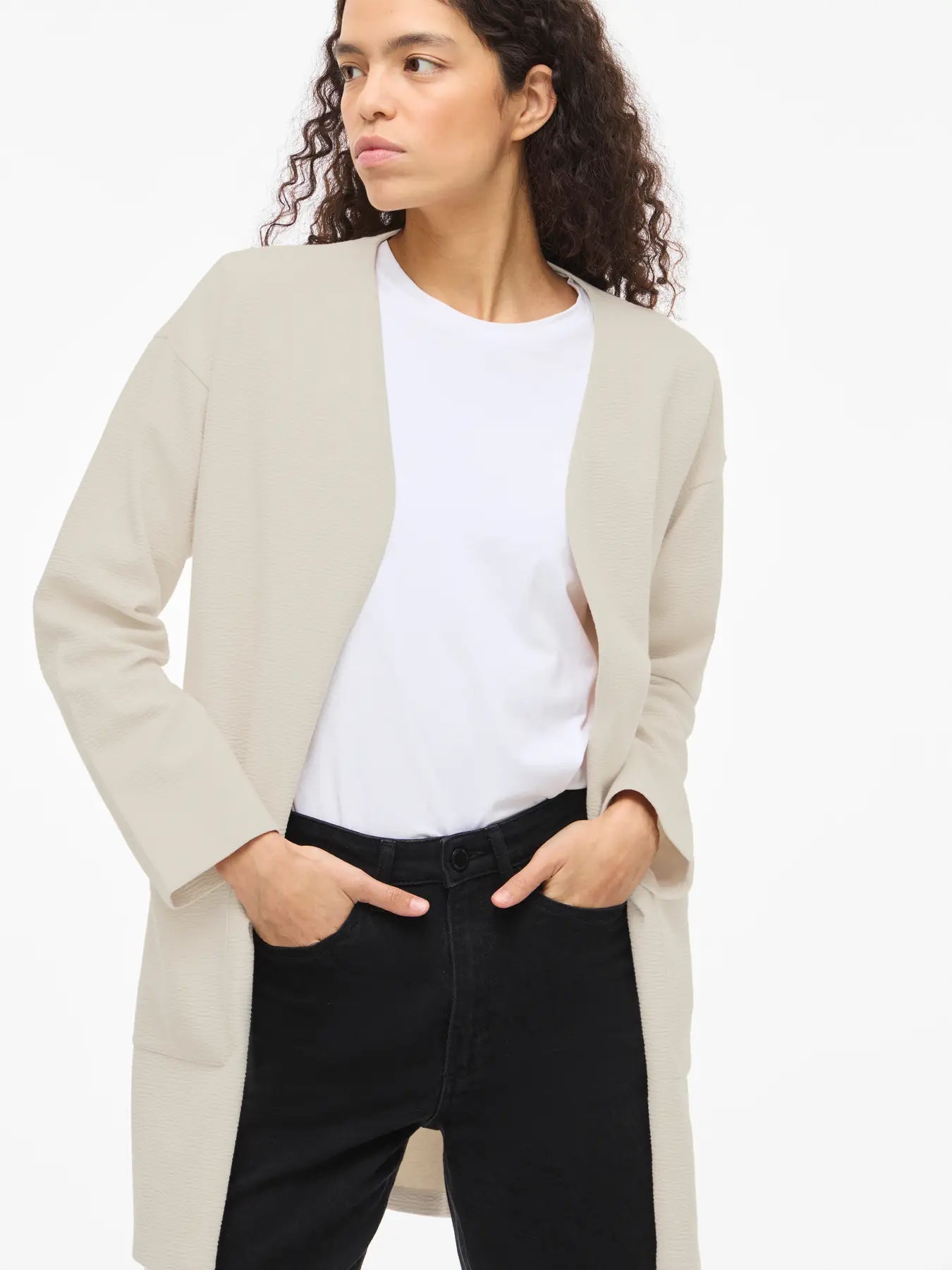 Chaqueta larga basica sin botones beige vila