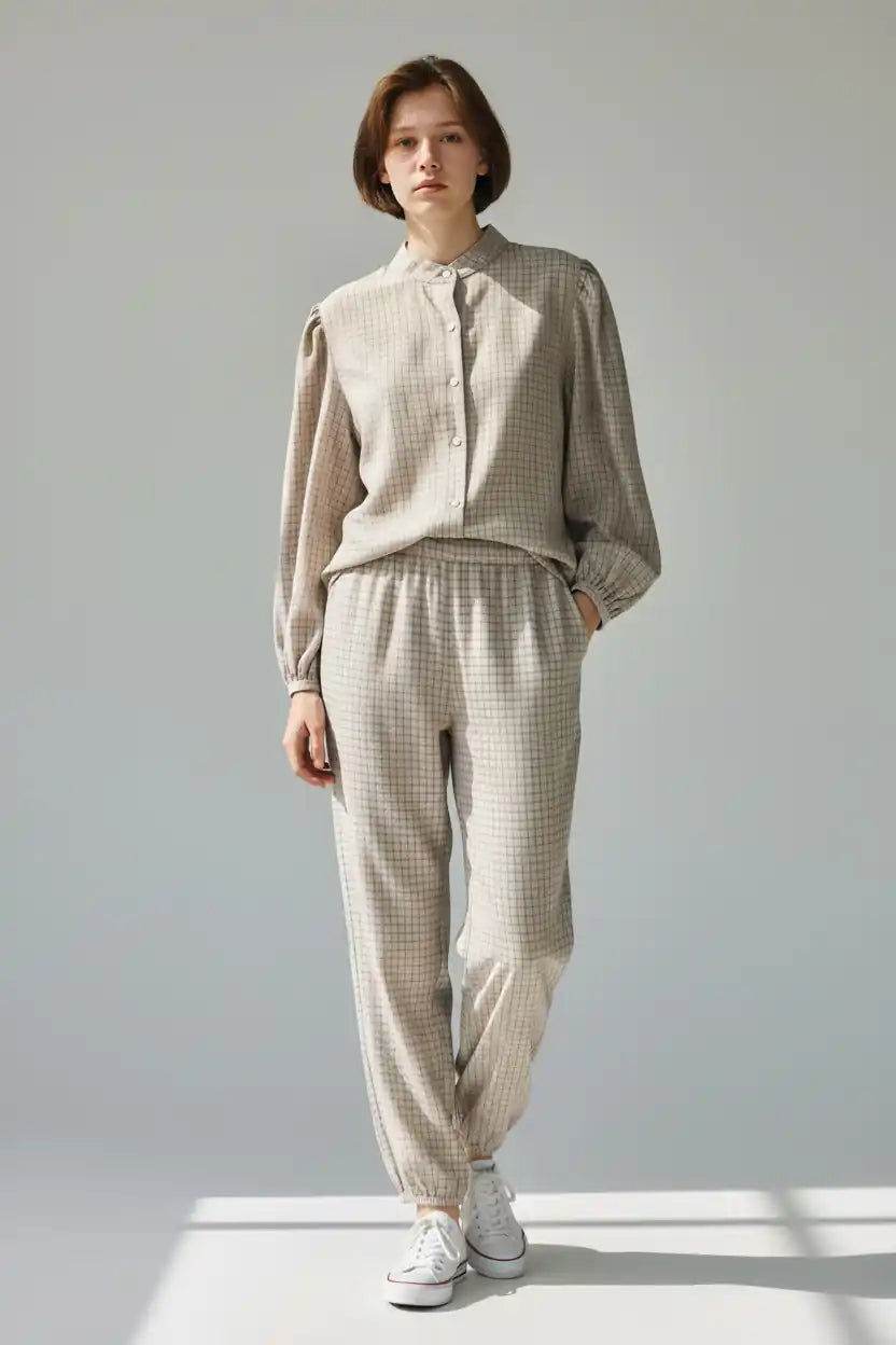 Conjunto Camisa y pantalón cuadros fluidos en beige
