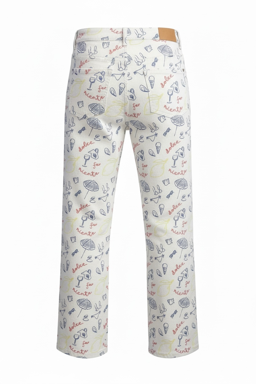 Vista trasera pantalón bordado divertido mujer tiro medio