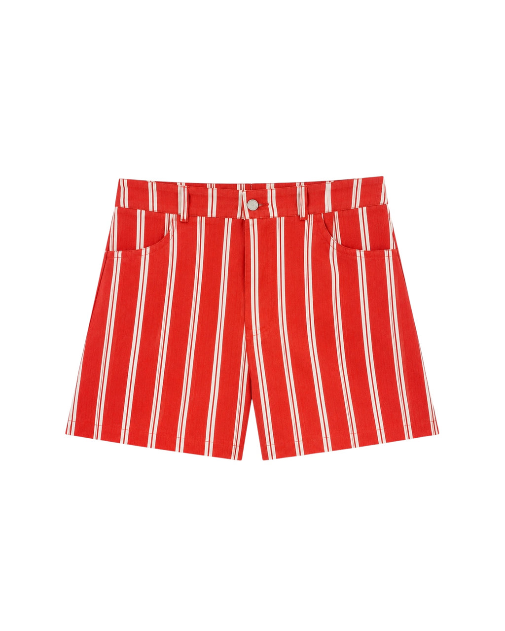 Short Niza rojo con rayas blancas y bolsillos delanteros.