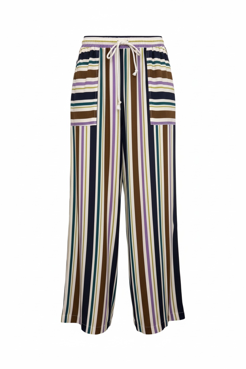 Pantalon fluido a rayas con goma en cintura y detalle bolsillos laterales 