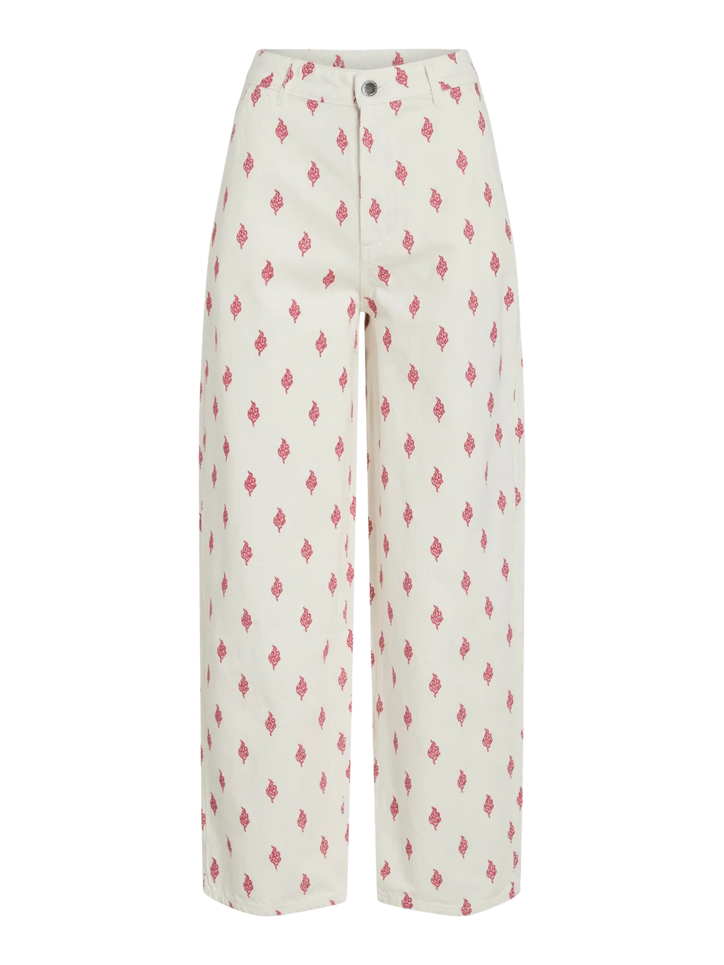 Pantalón denim blanco con estampado floral rojo de vila nueva colección cotton grey